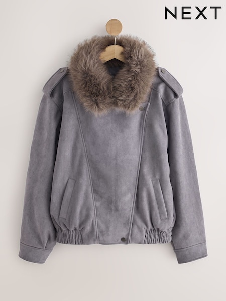 Charcoal Grey - Faux Suede Faux Fur Detatchable Collar Bomber Jacket