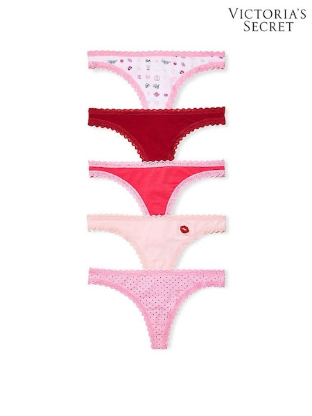 White/Red/Pink - Victoria's Secret 5 Pack Cotton Lace Trim Knickers