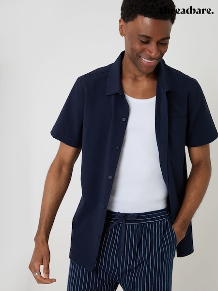 Modrá - Regular Threadbare Boxy Fit Textured Short Sleeve Shirt