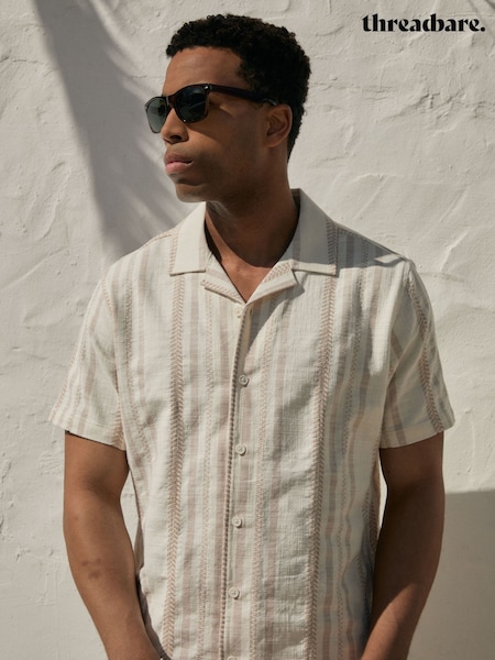 Natural - Regular Threadbare Chevron Stripe Textured Cotton Short Sleeve Shirt