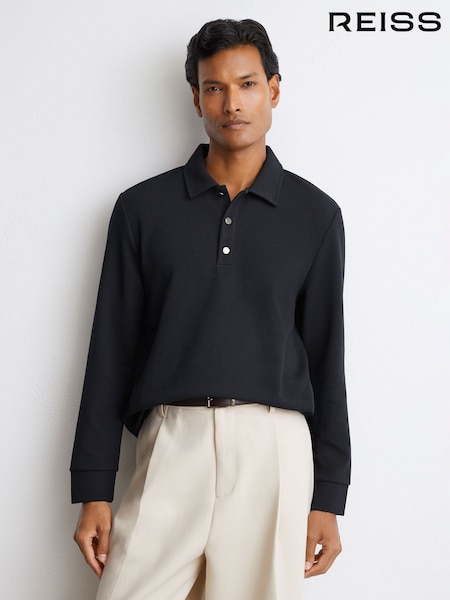 أزرق داكن - Regular Reiss Alba Textured Long-sleeve Polo Shirt