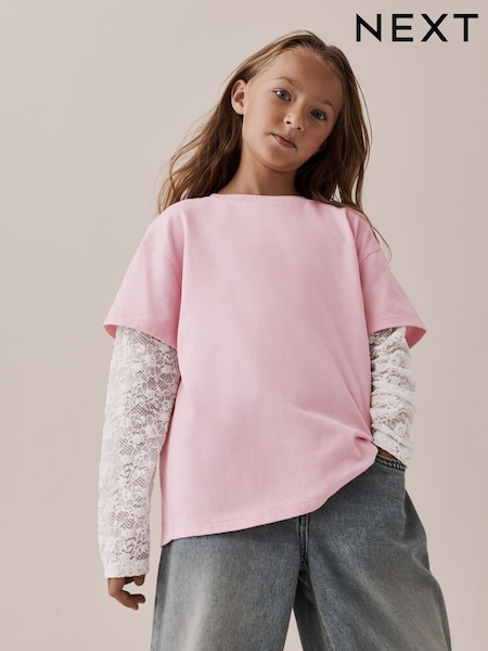 Pink - Lace Long Sleeve Top (3-16yrs)