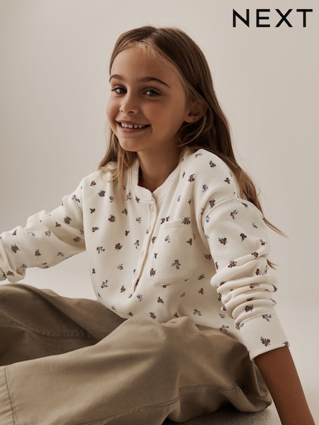 Ecru Ditsy - Waffle Henley Top (3-16yrs)