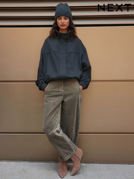 Khaki Green - Studded Corduroy Barrel Leg Trousers