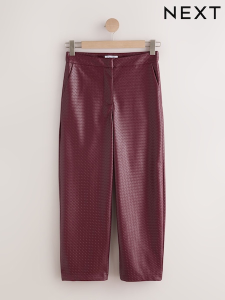 Burgundy Red - Basket Weave Faux Leather Barrel Leg Trousers