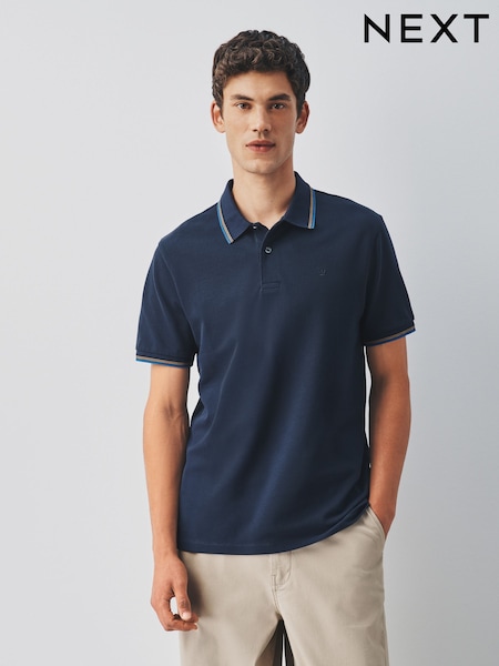 Navy - Regular Short Sleeve Tipped Polo Shirt
