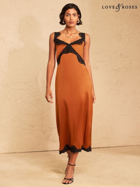 Burnt Orange - Love & Roses Contrast Satin Lace Slip Midi Dress