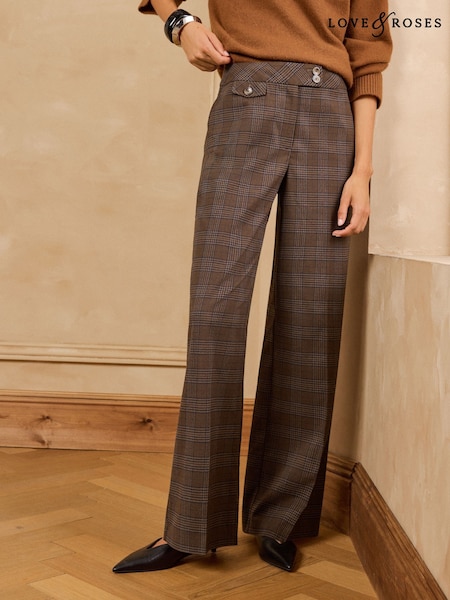 Chocolate Brown - Love & Roses Check Pocket Detail Wide Leg Trousers