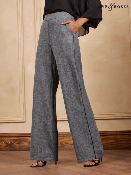 Grey - Love & Roses Side Stripe Check Trousers