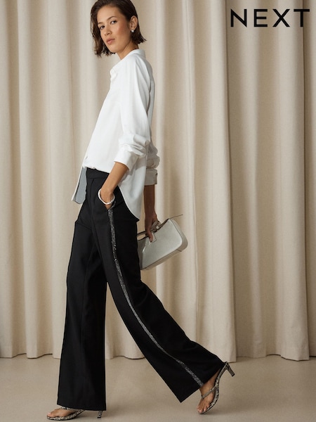 Black - Sparkle Side Stripe Straight Leg Trousers