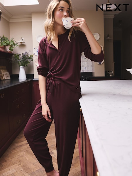 Burgundy Red - Cosy Waffle Long Sleeve Henley Pyjamas