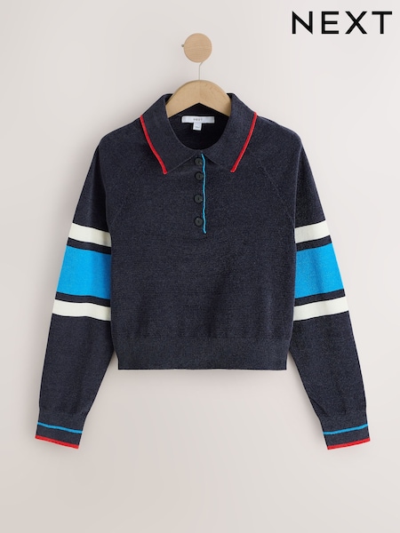 Navy Blue Colourblock - Chenille Knit Long Sleeve Polo Jumper