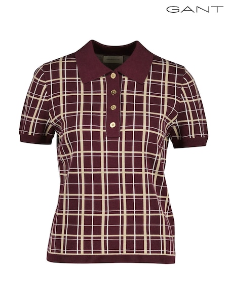Red - Gant Checked Knit Polo Shirt