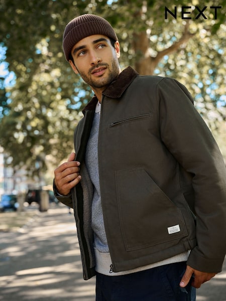 Green - Regular Shower Resistant Canvas Borg Lined Worker Jacket