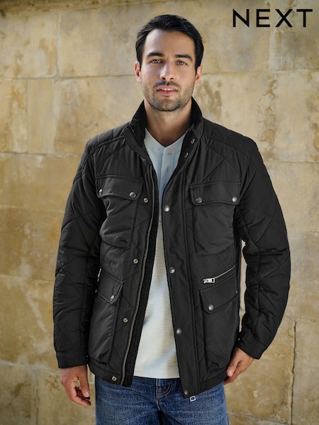 블랙 - Regular Quilted Shower Resistant Biker Jacket