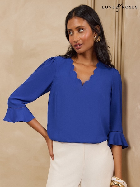 Koboltti Sininen - Love & Roses Scallop V-neck Flute Sleeve Blouse