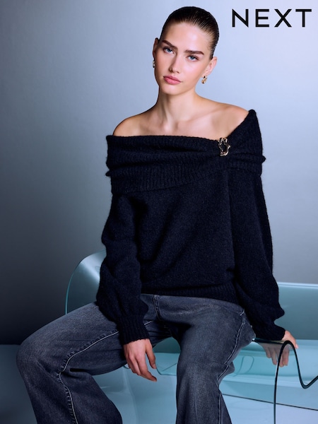Black - Bardot Brooch Off Shoulder Knitted Jumper