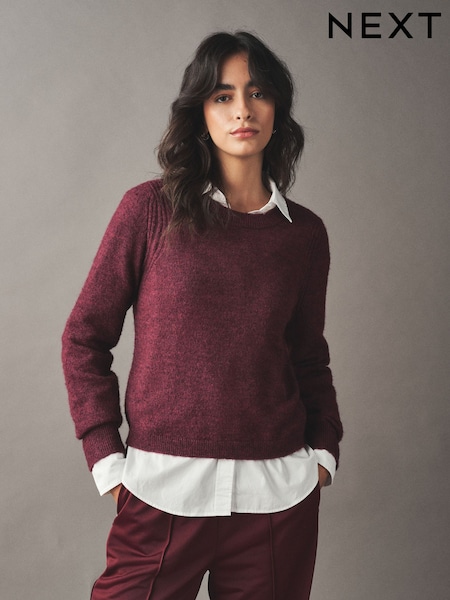 Burgundy Red - Crew Neck Long Sleeve Knitted Jumper