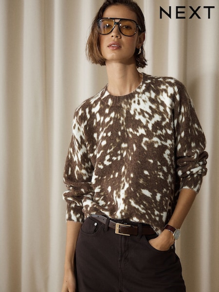鹿 - Long Sleeve Crew Neck Knitted Jumper With Wool