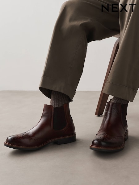 rjava - Regular Brogue Leather Chelsea Boots