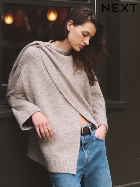 Oatmeal - Scarf Detail Knitted Cover Up Jackets