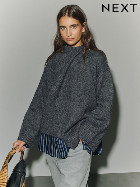 Charcoal Grey - Scarf Detail Knitted Cover Up Jackets