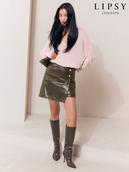 Olive Grønn - Lipsy Faux Leather Croc A Line Wrap Mini Skirt