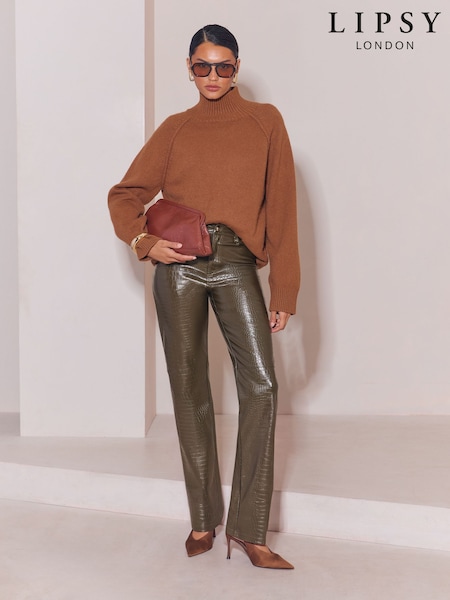 Olive Green - Lipsy Faux Leather Straight Leg Trousers