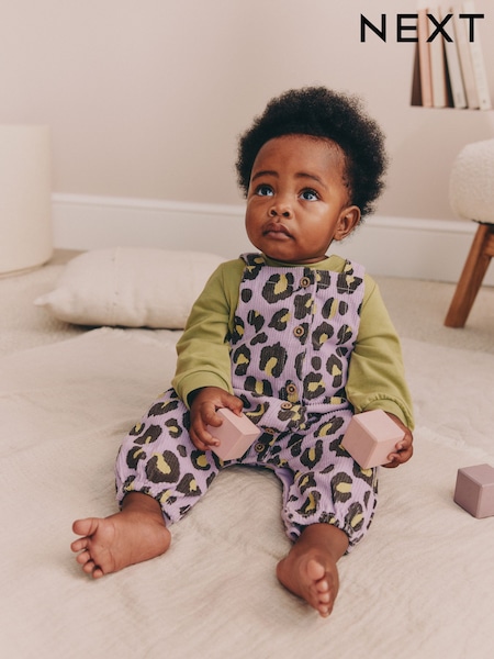 Purple/Green Leopard Print - Long Sleeve Bodysuit And Woven Dungarees Set 2 Piece (0mths-2yrs)