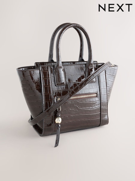 Chocolate Brown - Glossy Croc Hand Held Bag