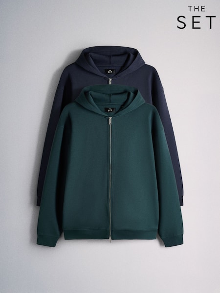 Green/Navy - Regular The Set 2 Pack Scuba Zip Through Hoodie