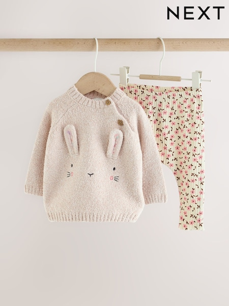 Ecru - Bunny Knitted Jumper And Floral Leggings Baby Set 2 Piece (0mths-2yrs)