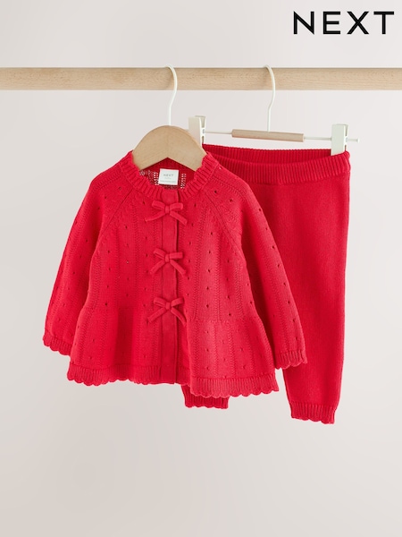 Red - Frill Knitted Bow Baby Cardigan & Leggings Set 2 Piece (0mths-2yrs)