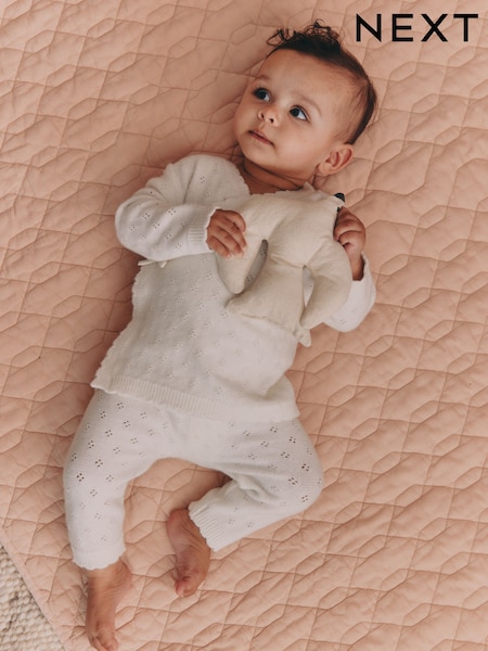 Ecru - Cashmere Blend Knitted Wrap Over Cardigan And Leggings Baby 2 Piece Set (0mths-2yrs)
