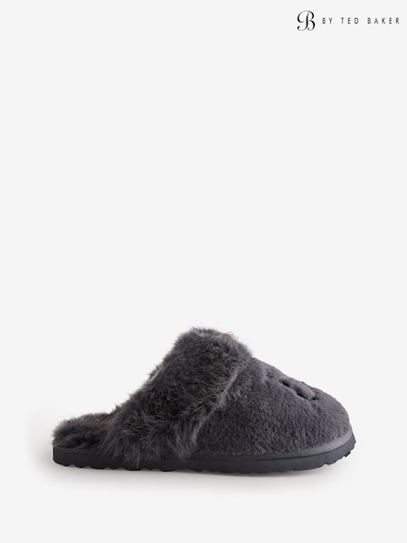Charcoal Grey - B By Ted Baker Faux Fur Mule Slippers With Embroidery