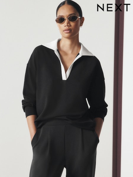 Black/Cream - Slinky Contrast Collar Rugby Sweat Top