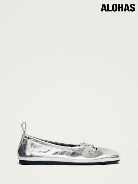 فضي - Alohas Rosalind Shimmer Leather Ballet Flat Shoes