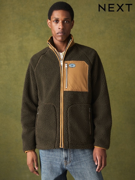 ירוק חאקי - Regular Contrast Nylon Paneled Borg Zip Up Fleece
