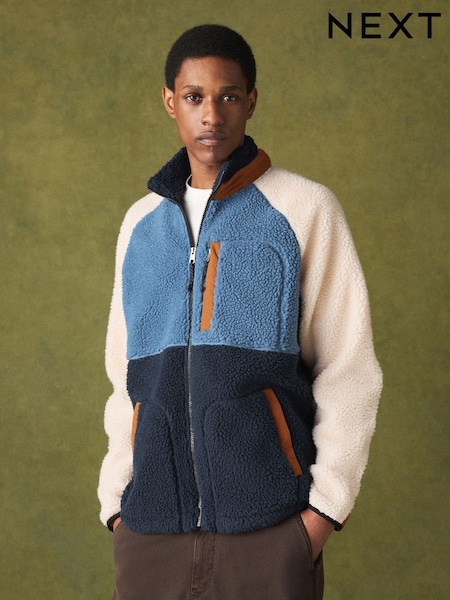 Blue - Regular Colour Block Zip Up Fleece