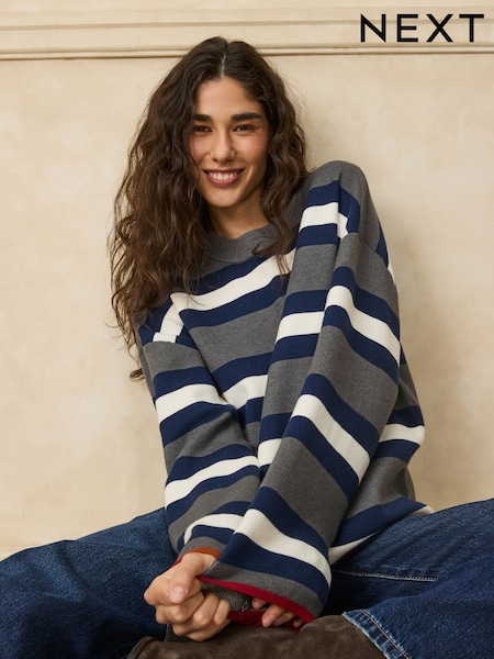 Grau/Marineblau - Striped Knit Look Crew Neck Jumper