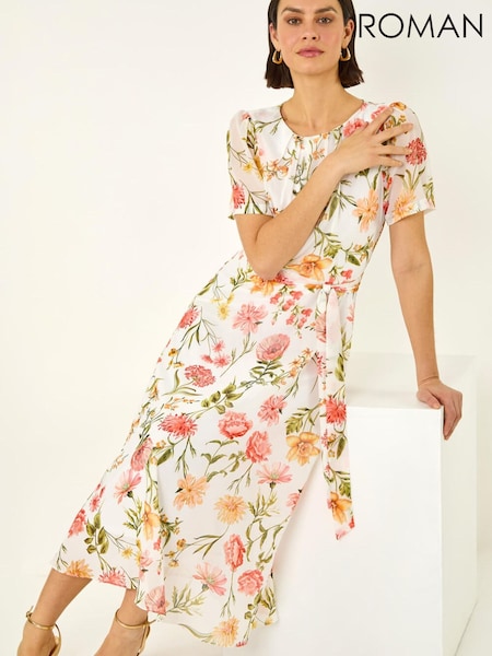 White - Roman Floral Chiffon Pleated Dress