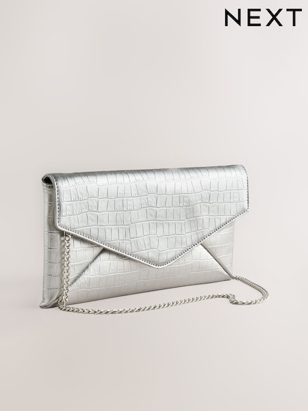 Silver - Croc Effect Envelope Clutch Bag