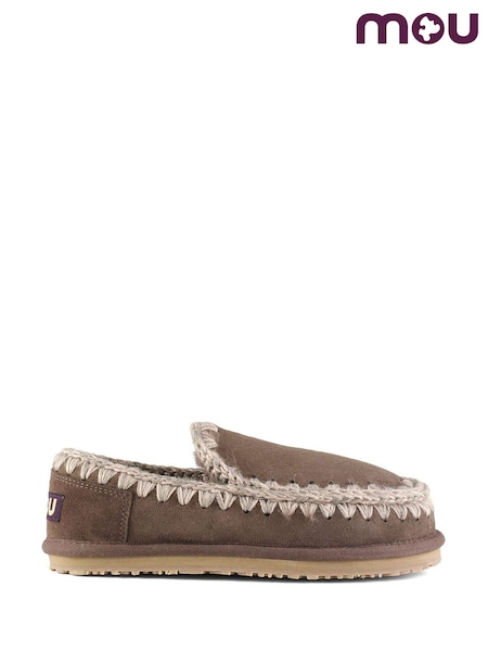 Brown - Mou Suede Full Eskimo Sheepskin Lined Stitch Moccasin Slippers