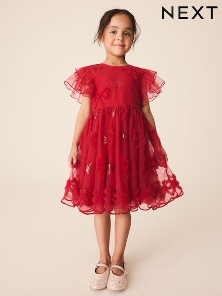 Red - Bow Embellished Mesh Occasion Dress (3-16yrs)