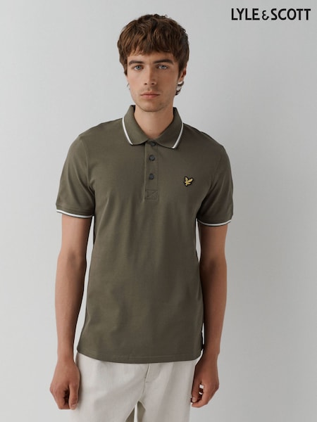 Olive/White - Regular Lyle & Scott Tipped Short Sleeve Polo Shirt