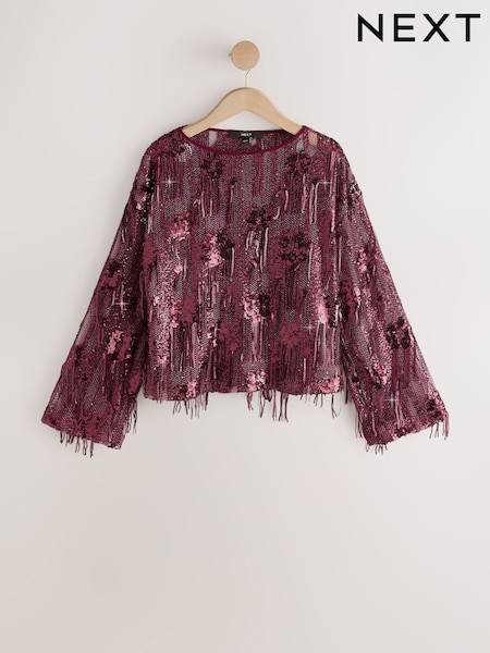 Burgundy Red - Long Sleeved Sequin Tassel Top