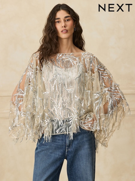 Silver - Tassel Embellished Long Sleeved Cape Top