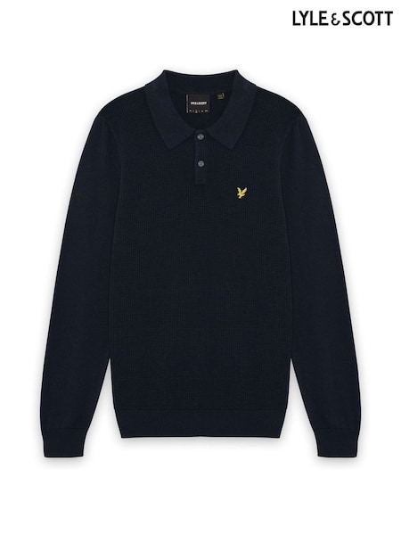 Blue - Regular Lyle & Scott Waffle Front Knitted Polo Shirt