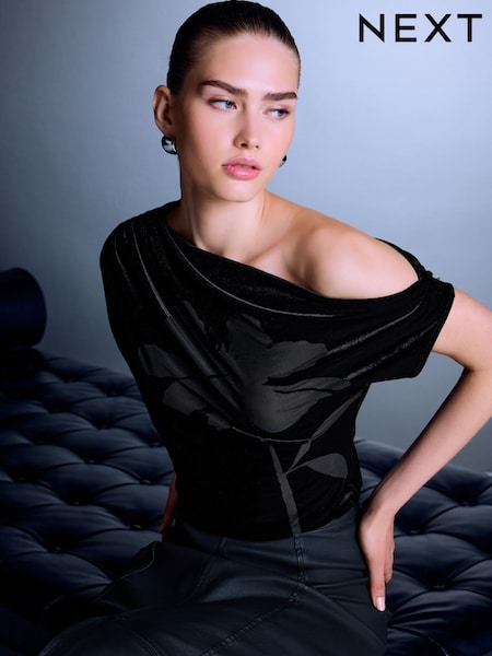 Black - Sleeveless Floral Asymmetric Drape Top