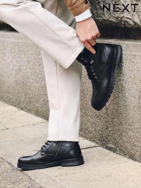 Black - Regular Leather Zip-up Borg Lined Boots